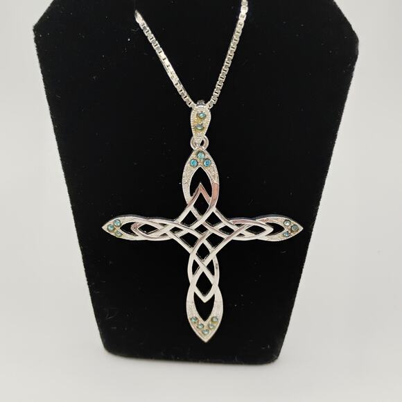 Watson Celtic Infinity Cross with Green CZs in Sterling Silver on 24-In Chain - Picture 1 of 5